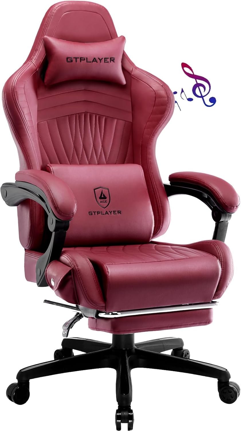 GTPLAYER Gaming Chair, Computer Chair with Footrest and Bluetooth Speakers, High Back Ergonomic Music Game Chair, Reclining Game Chair with Linkage Armrests for Adults and Kids (WineRed) - Image 2