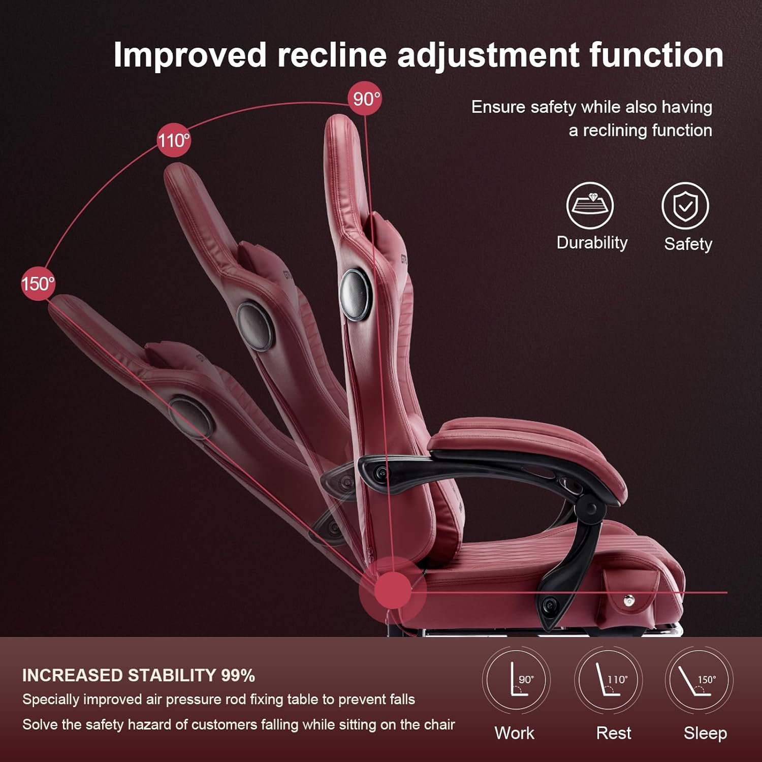 GTPLAYER Gaming Chair, Computer Chair with Footrest and Bluetooth Speakers, High Back Ergonomic Music Game Chair, Reclining Game Chair with Linkage Armrests for Adults and Kids (WineRed) - Image 11