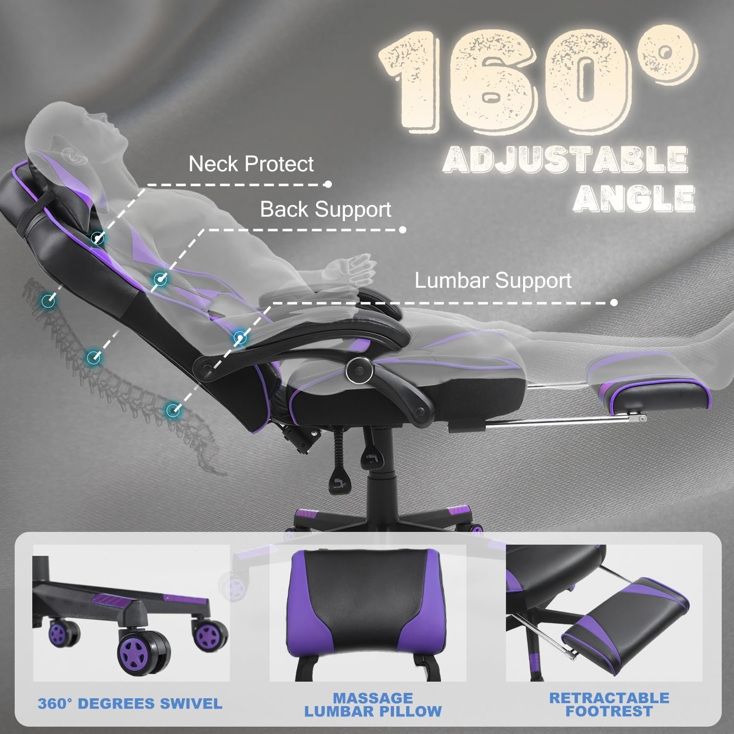 Vonesse Gaming Chair for Adults,Computer Chair with High Back,Big and Tall Gaming Chairs with Footrest and Massage,Reclining Gamer Chair(Purple/Black) - Image 7