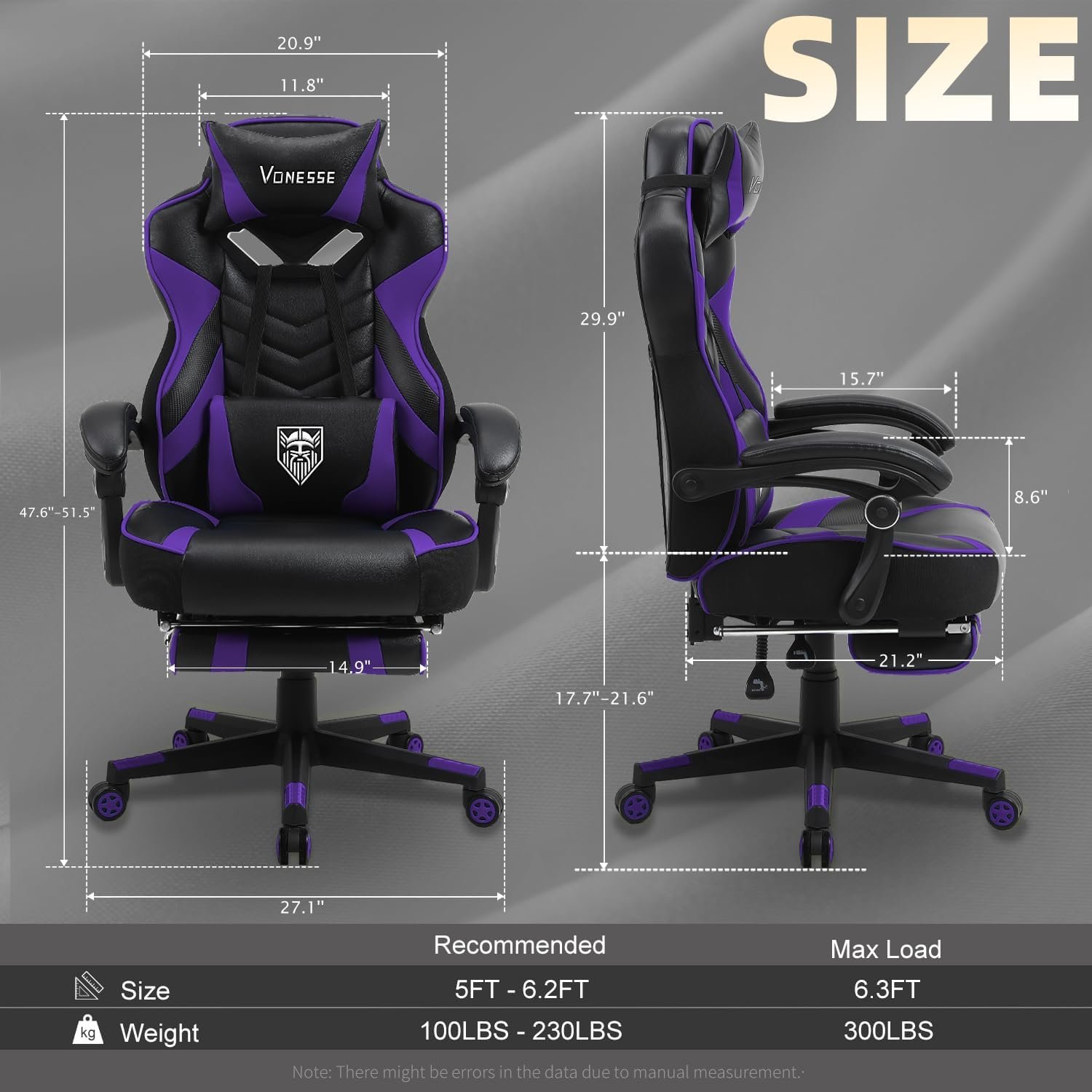 Vonesse Gaming Chair for Adults,Computer Chair with High Back,Big and Tall Gaming Chairs with Footrest and Massage,Reclining Gamer Chair(Purple/Black) - Image 4