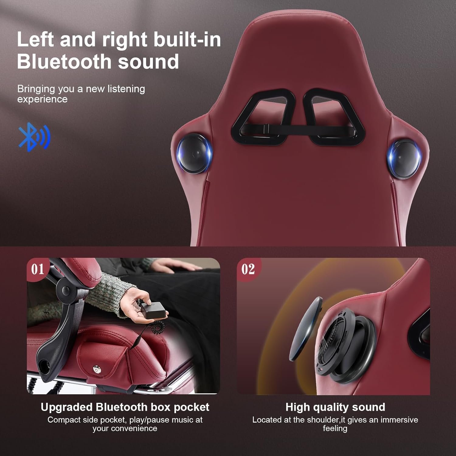 GTPLAYER Gaming Chair, Computer Chair with Footrest and Bluetooth Speakers, High Back Ergonomic Music Game Chair, Reclining Game Chair with Linkage Armrests for Adults and Kids (WineRed) - Image 5