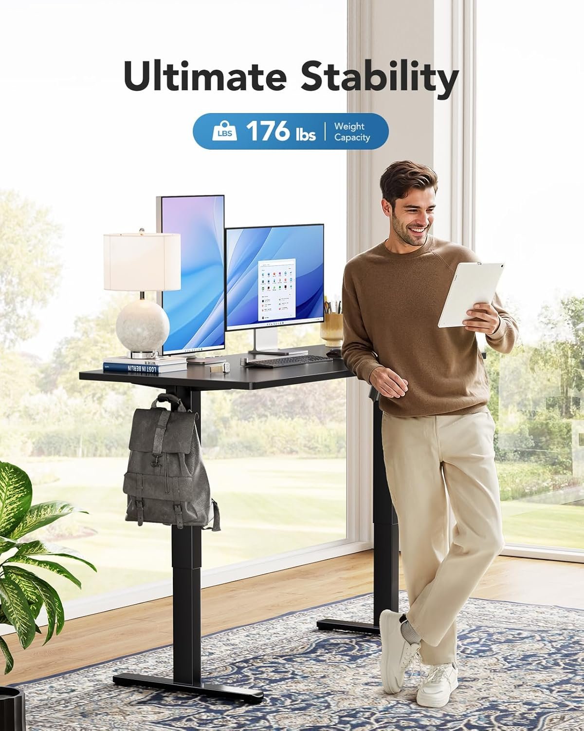 HUANUO Electric Standing Desk, 60" x 24" Whole Piece Desktop, Adjustable Height Computer Desk, 4 Height Memory Settings, Sit Stand Up Desk for Home Office, Black - Image 6