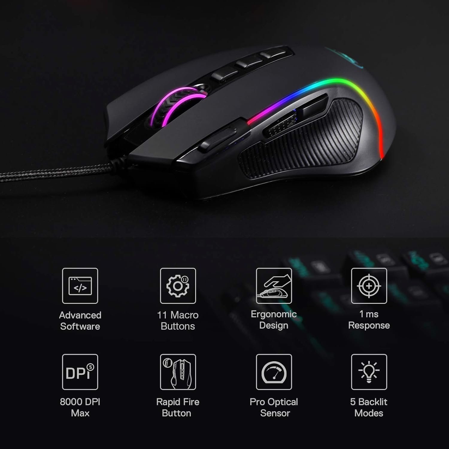 Redragon M612 Predator RGB Gaming Mouse, 8000 DPI Wired Optical Mouse with 11 Programmable Buttons & 5 Backlit Modes, Software Supports DIY Keybinds Rapid Fire Button - Image 4
