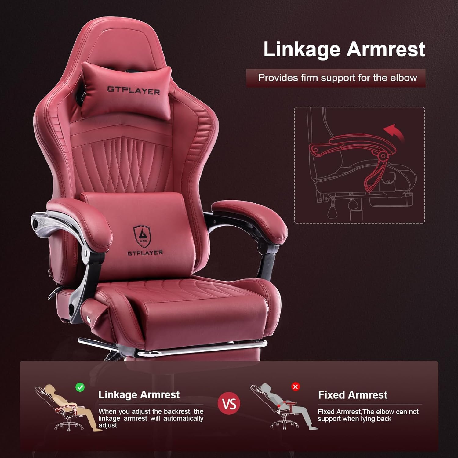 GTPLAYER Gaming Chair, Computer Chair with Footrest and Bluetooth Speakers, High Back Ergonomic Music Game Chair, Reclining Game Chair with Linkage Armrests for Adults and Kids (WineRed) - Image 8