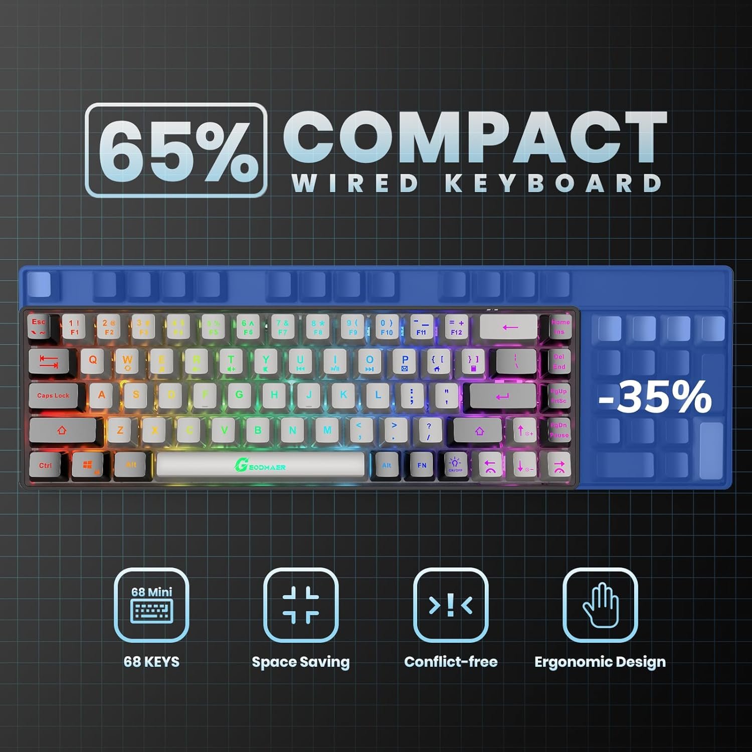 65% Gaming Keyboard, Wired Backlit Mini Keyboard, Ultra-Compact Anti-Ghosting No-Conflict 68 Keys Membrane Gaming Wired Keyboard for PC Laptop Windows Gamer - Image 5