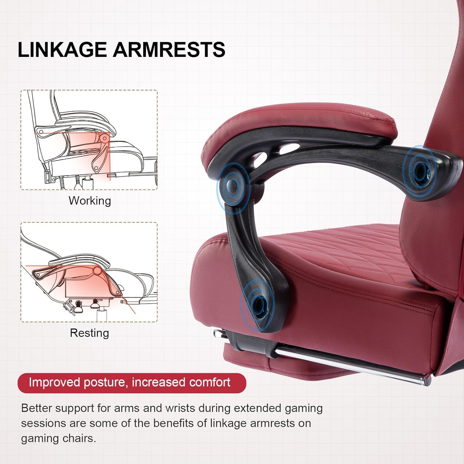 GTPLAYER Gaming Chair, Computer Chair with Footrest and Bluetooth Speakers, High Back Ergonomic Music Game Chair, Reclining Game Chair with Linkage Armrests for Adults and Kids (WineRed) - Image 9