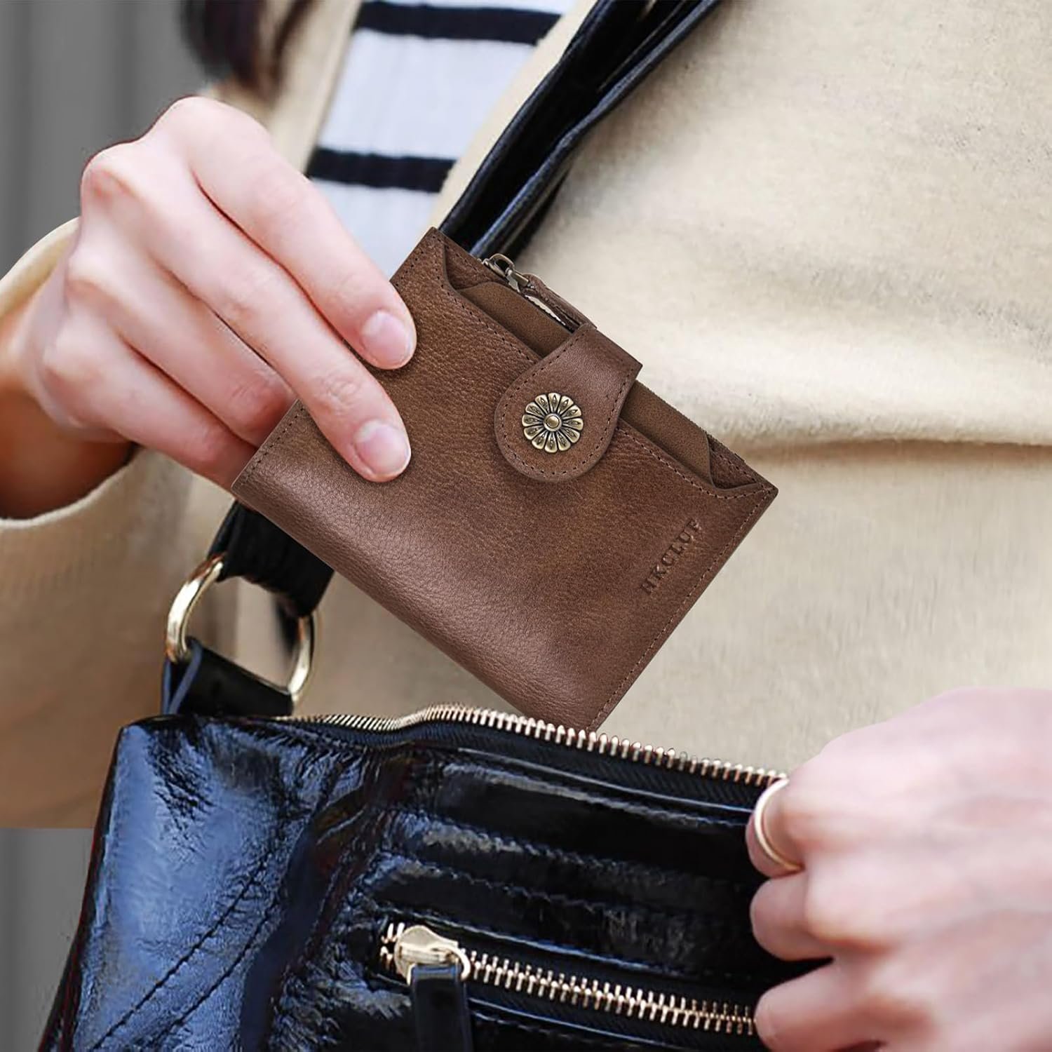 HKCLUF Wallet Women,Genuine Leather Bifold Womens Wallet Card Holder RFID Blocking Small Wallet for Women With Zipper Coin Pocket(khaki) - Image 9