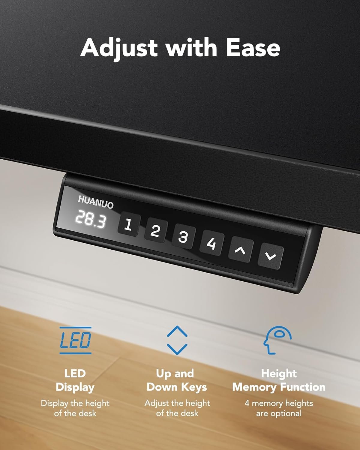 HUANUO Electric Standing Desk, 60" x 24" Whole Piece Desktop, Adjustable Height Computer Desk, 4 Height Memory Settings, Sit Stand Up Desk for Home Office, Black - Image 8