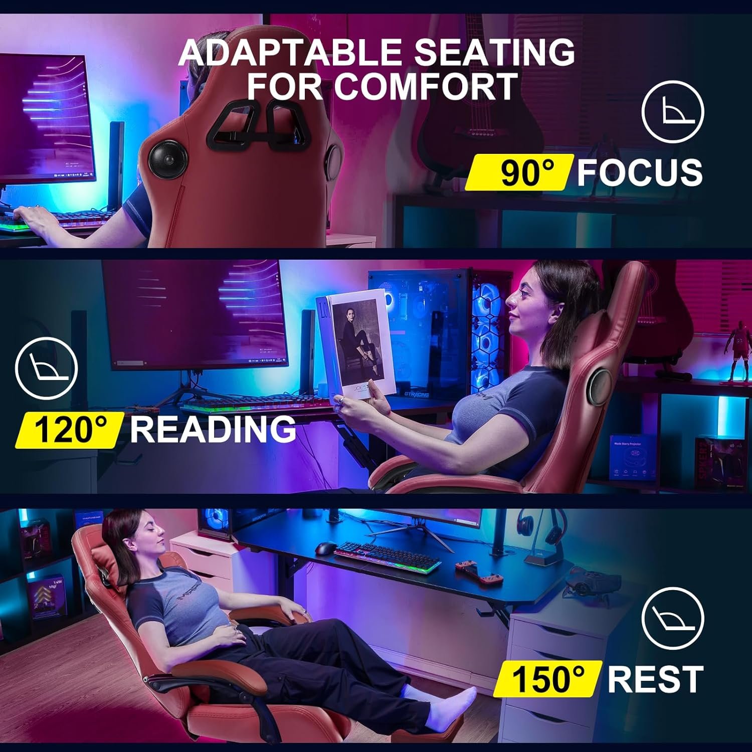 GTPLAYER Gaming Chair, Computer Chair with Footrest and Bluetooth Speakers, High Back Ergonomic Music Game Chair, Reclining Game Chair with Linkage Armrests for Adults and Kids (WineRed) - Image 7