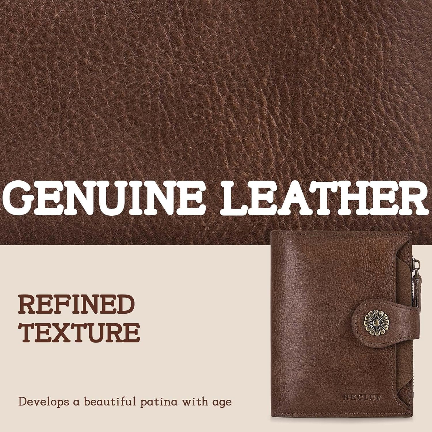 HKCLUF Wallet Women,Genuine Leather Bifold Womens Wallet Card Holder RFID Blocking Small Wallet for Women With Zipper Coin Pocket(khaki) - Image 6