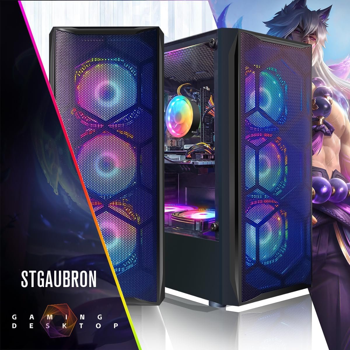 STGAubron Gaming PC Desktop Computer, Intel Core I7 up to 3.9 GHz, Radeon RX 580 8G, 16G RAM, 512G SSD, WiFi, Bluetooth 5.0, RGB Fan x6, RGB BT Sound Bar, Windows 10 Home - Image 3
