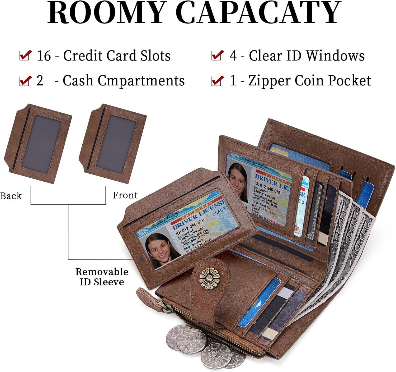 HKCLUF Wallet Women,Genuine Leather Bifold Womens Wallet Card Holder RFID Blocking Small Wallet for Women With Zipper Coin Pocket(khaki) - Image 5