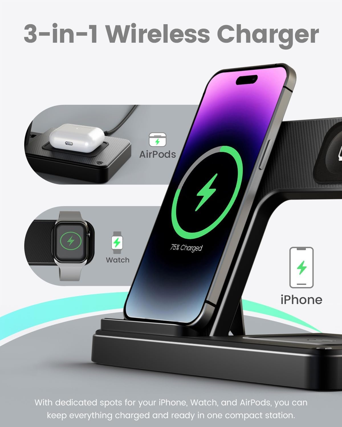 Wireless Charger iPhone Charging Station: 3 in 1 Charger Stand Multiple Devices for Apple - iPhone 16e 16 15 14 Pro Max 13 12 11 - Watch 10 9 8 7 6 5 4 3 2 SE and Ultra Series - Airpods 4 3 2 Pro - Image 6