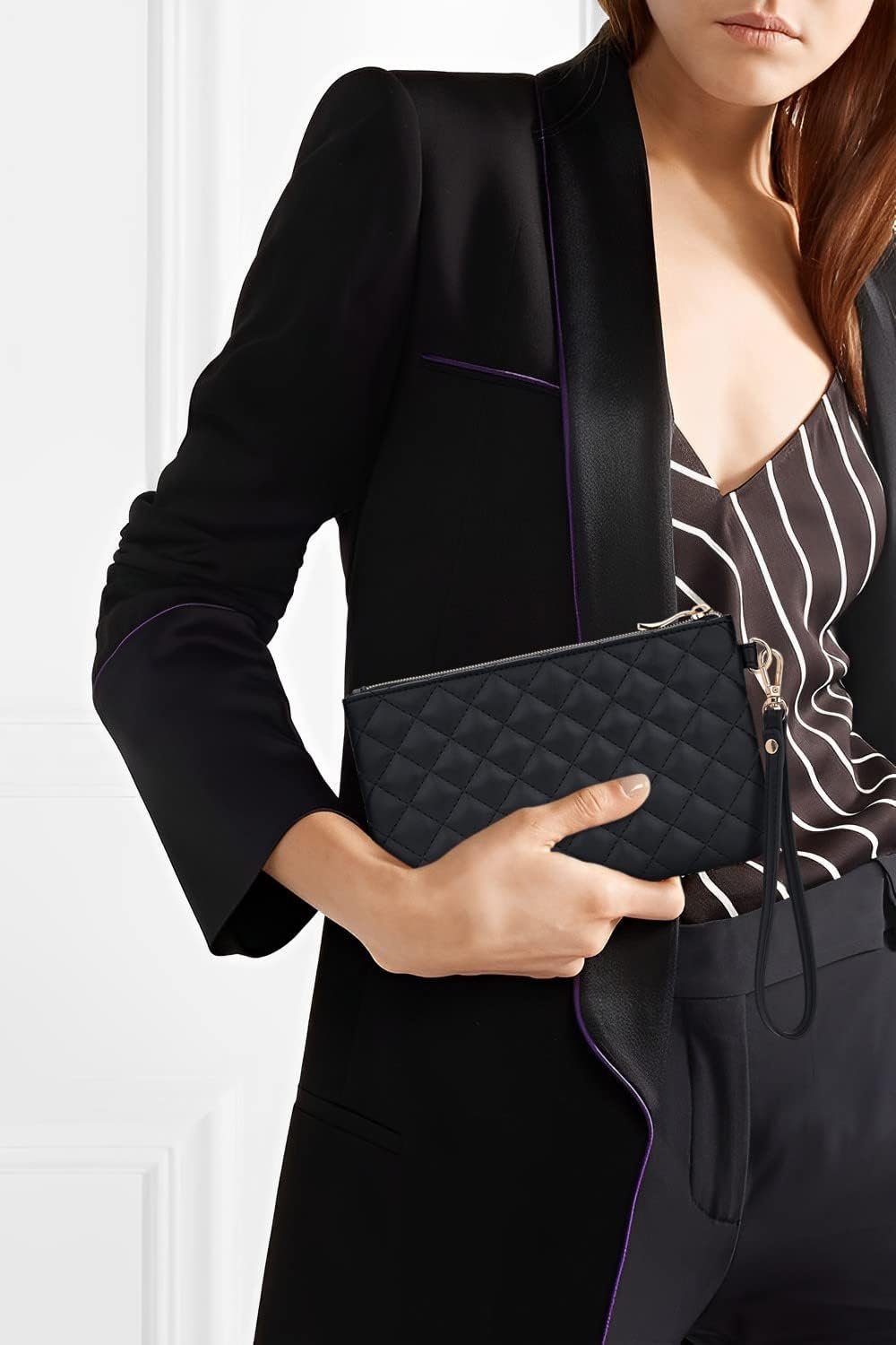 Quilted Wristlet Purse for Women, Vegan Leather Wristlet Pouch Zip Clutch Bag, Evening Clutch Purse with strap - Image 7