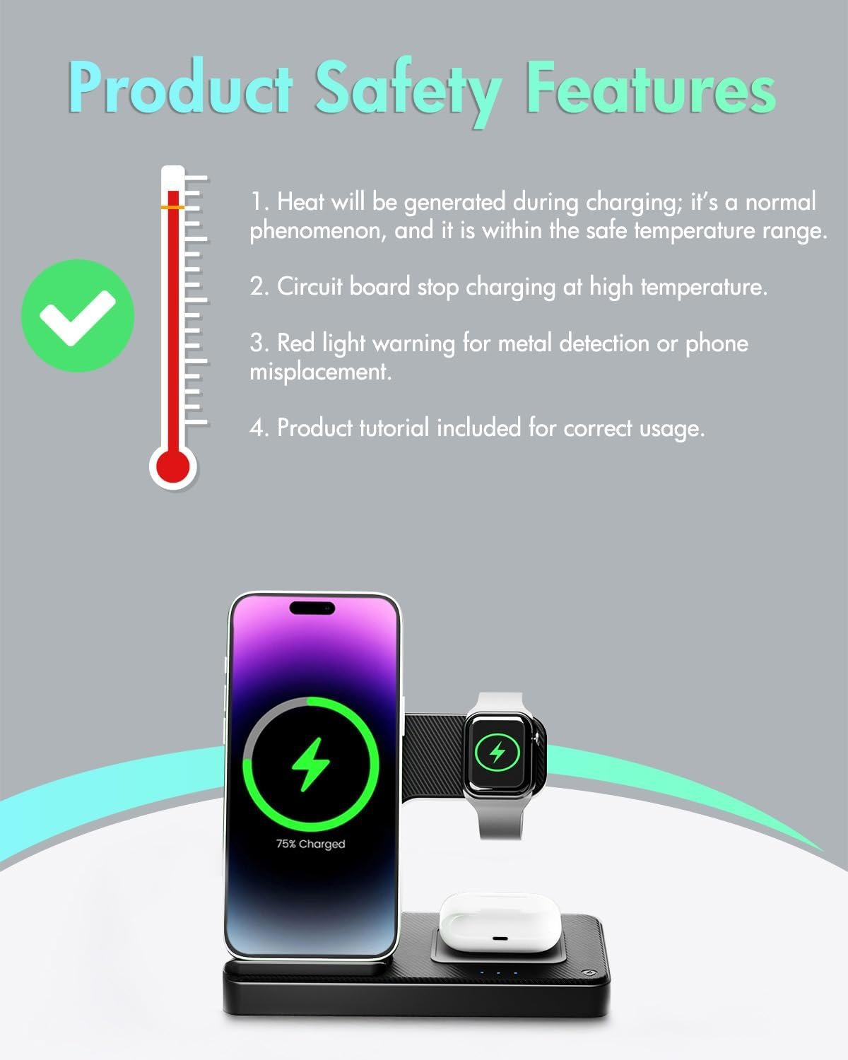 Wireless Charger iPhone Charging Station: 3 in 1 Charger Stand Multiple Devices for Apple - iPhone 16e 16 15 14 Pro Max 13 12 11 - Watch 10 9 8 7 6 5 4 3 2 SE and Ultra Series - Airpods 4 3 2 Pro - Image 9