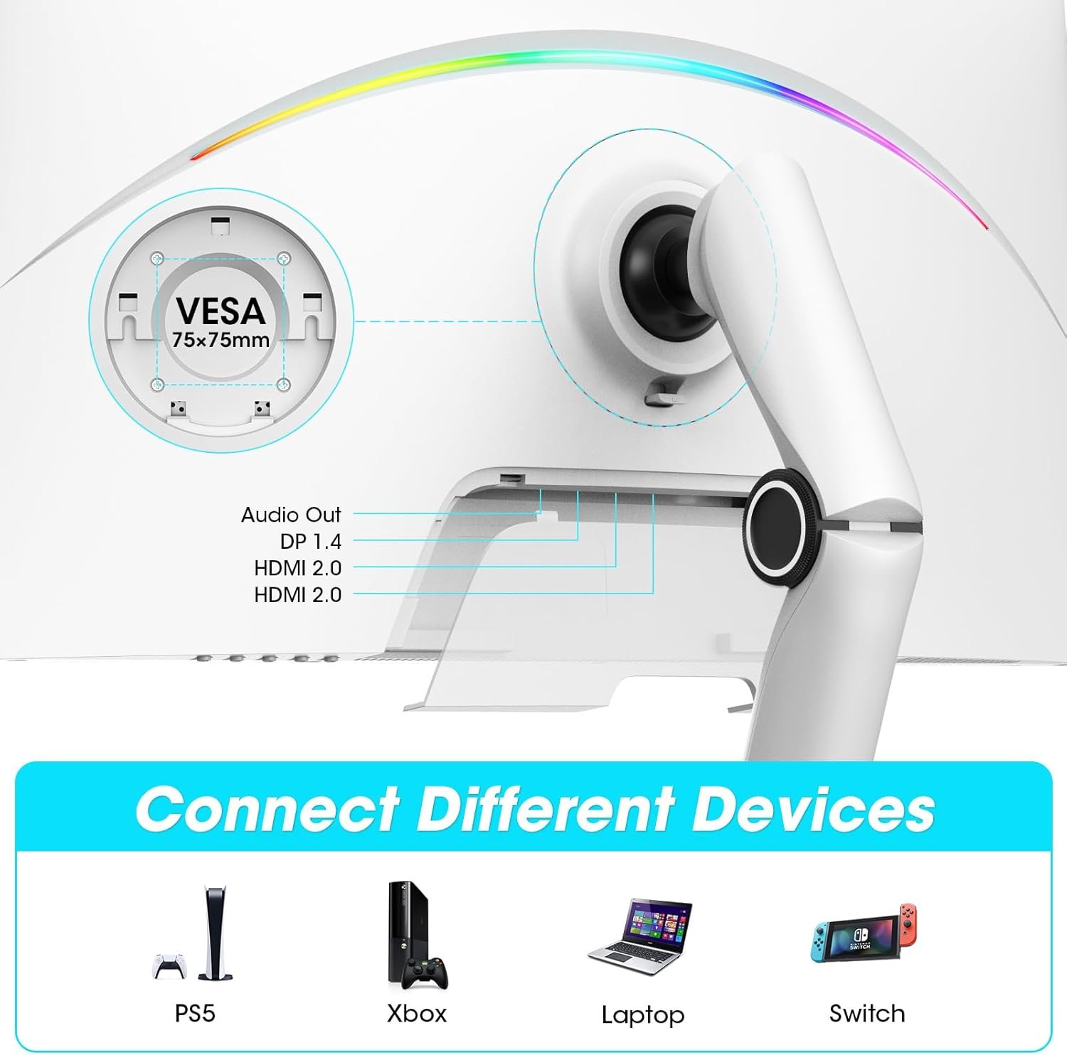 KOORUI Monitor, 27” 240Hz Gaming Monitor, Mini-LED Panel- QHD (2560 x 1440) Computer Screen, 1ms, HDR 1000 Display, 100% sRGB, Height Adjustable, HDMI/DisplayPort, White/Grey, GN10 - Image 6