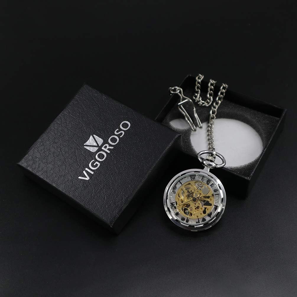 VIGOROSO Mens Classic Steampunk Pocket Watch with Chain Skeleton Hand Wind Mechanical Pocket Watches for Men & Women - Image 7