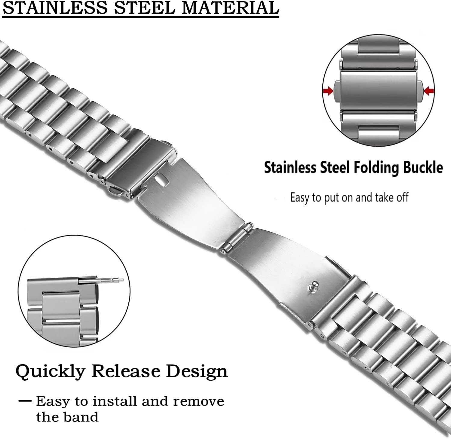 Moran Stainless Steel Watch Band Quick Release Replacement Metal Strap 20mm 22mm for Men Women (Silver+Folding Clasp, 22mm) - Image 5
