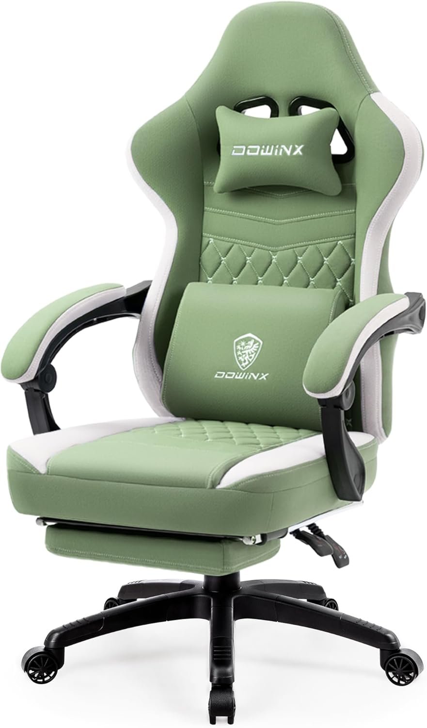 Dowinx Gaming Chair Breathable Fabric Computer Chair with Pocket Spring Cushion, Comfortable Office Chair with Gel Pad and Storage Bag,Massage Game Chair with Footrest,Green - Image 2
