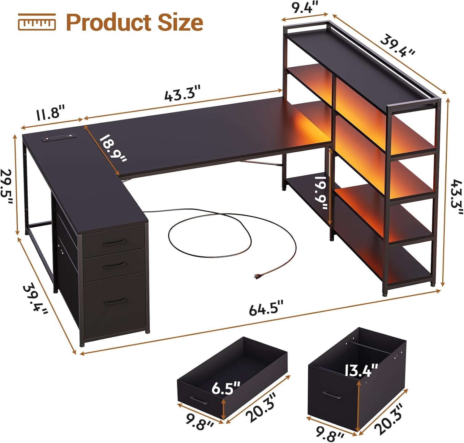 SEDETA L Shaped Gaming Desk, Reversible U Shaped Computer Desk with Power Outlet and Storage Shelves, Corner Gaming Desk with LED Lights, 3 Fabric Drawers, Black - Image 3