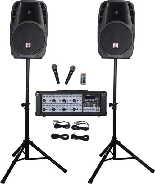 Rockville RPG2X12 Package PA System Mixer/Amp+12″ Speakers+Stands+Mics+Bluetooth