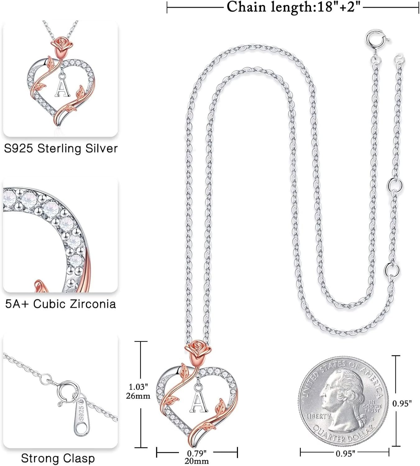 Iefil Rose Heart Necklaces Gifts for Women - 925 Sterling Silver Heart Initial Necklace, Anniversary Birthday Gifts for Women, Jewelry Gifts for Women Wife Wife Girlfriend Mom - Image 5