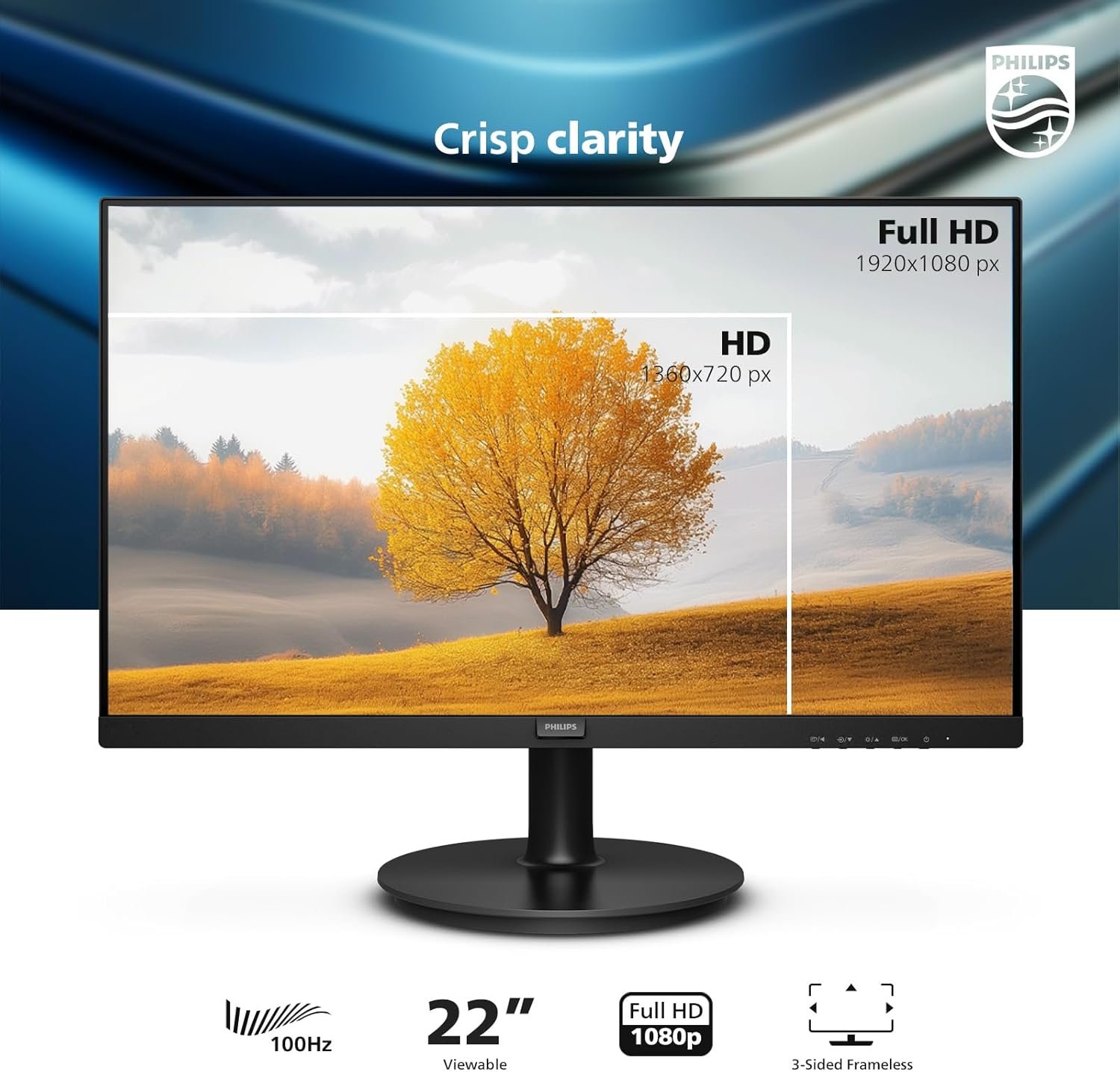 Philips 22 inch Class Thin Full HD (1920 x 1080) Monitor, 100Hz Refresh Rate, VESA, HDMI x1, VGA x1, LowBlue Mode, Adaptive Sync, 4 Year Advance Replacement Warranty, 221V8LB - Image 3
