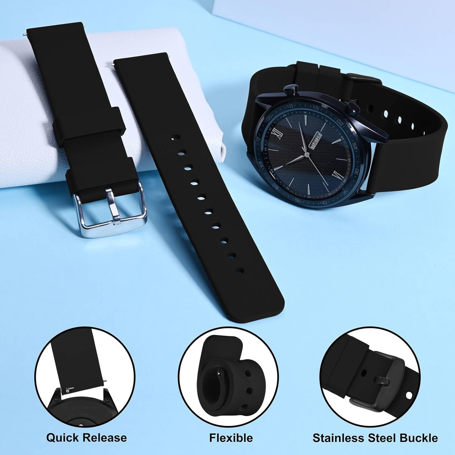 WOCCI 20mm Silicone Watch Band, Quick Release Rubber Replacement Strap with Black Stainless Steel Buckle (Black) - Image 4