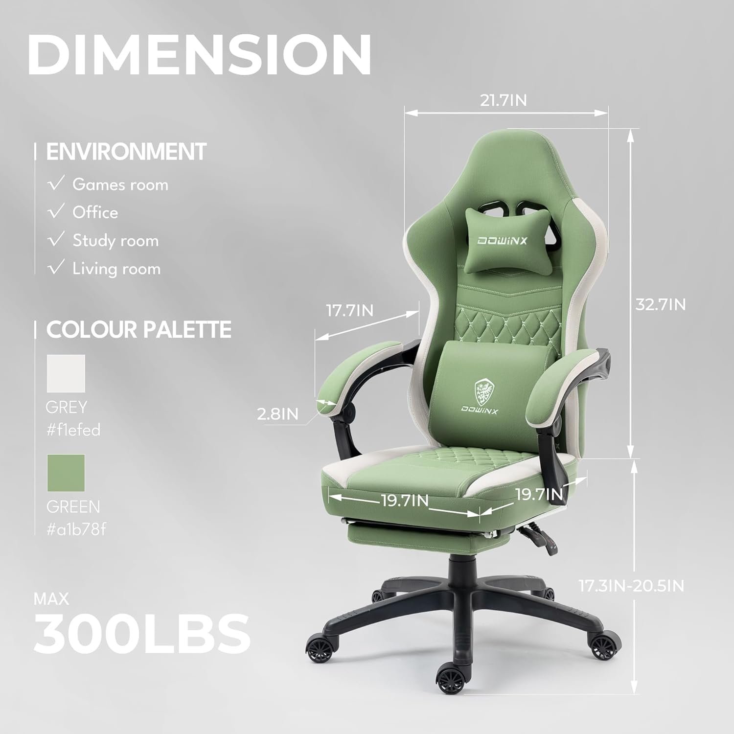Dowinx Gaming Chair Breathable Fabric Computer Chair with Pocket Spring Cushion, Comfortable Office Chair with Gel Pad and Storage Bag,Massage Game Chair with Footrest,Green - Image 4