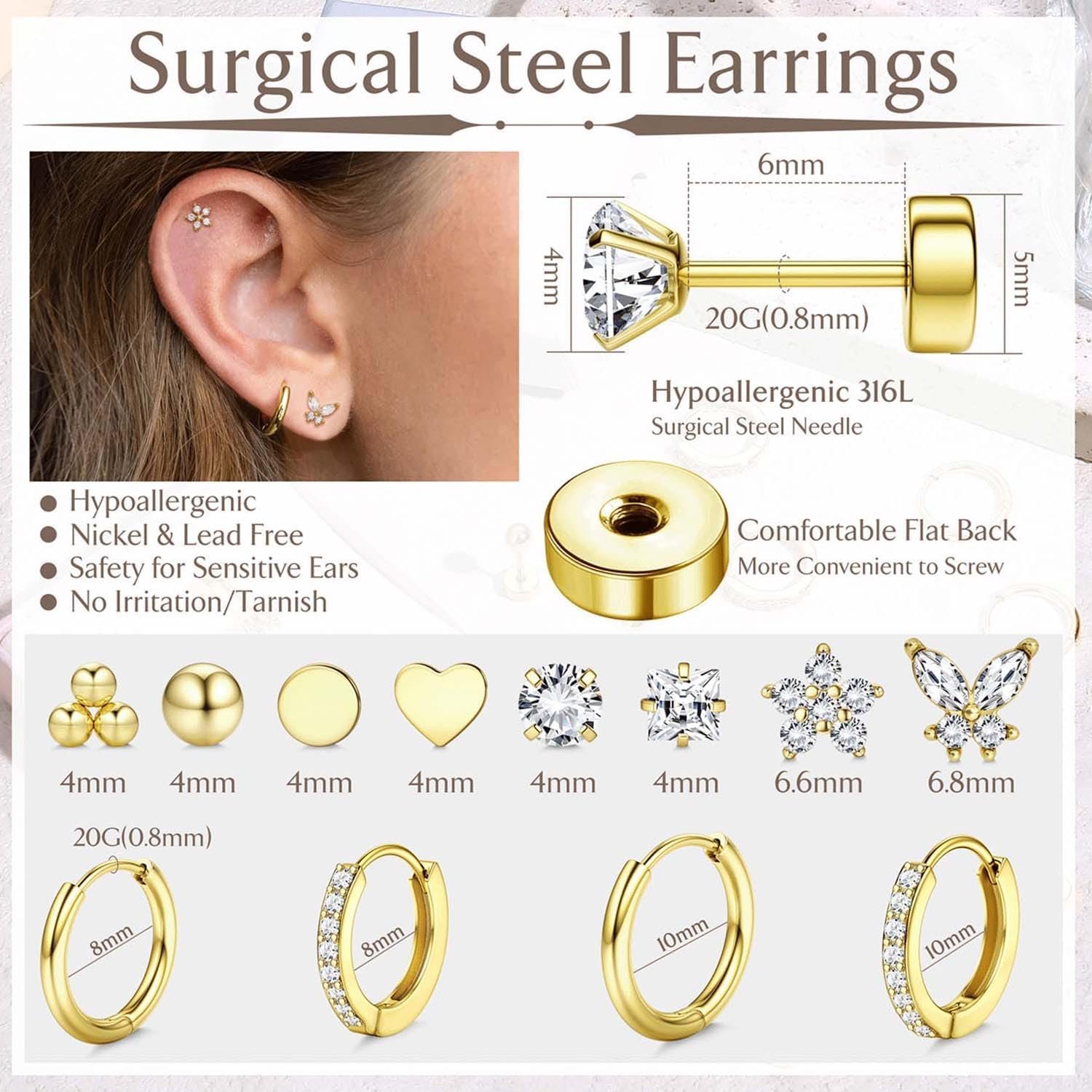 Jstyle Hypoallergenic Surgical Steel Earrings for Sensitive Ears 14K Gold Flat Back Earrings for Women Men Small Stainless Steel Earrings Flatback Stud Hoop Cartilage Earring Set for Multiple Piercing - Image 6
