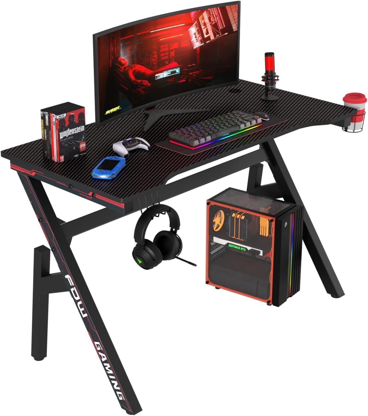 Gaming Desk Computer Desk 47 Inch Home Office Desk Extra Large Modern Ergonomic Black PC Carbon Fiber Table Gamer Workstation with Cup Holder Headphone Hook - Image 2