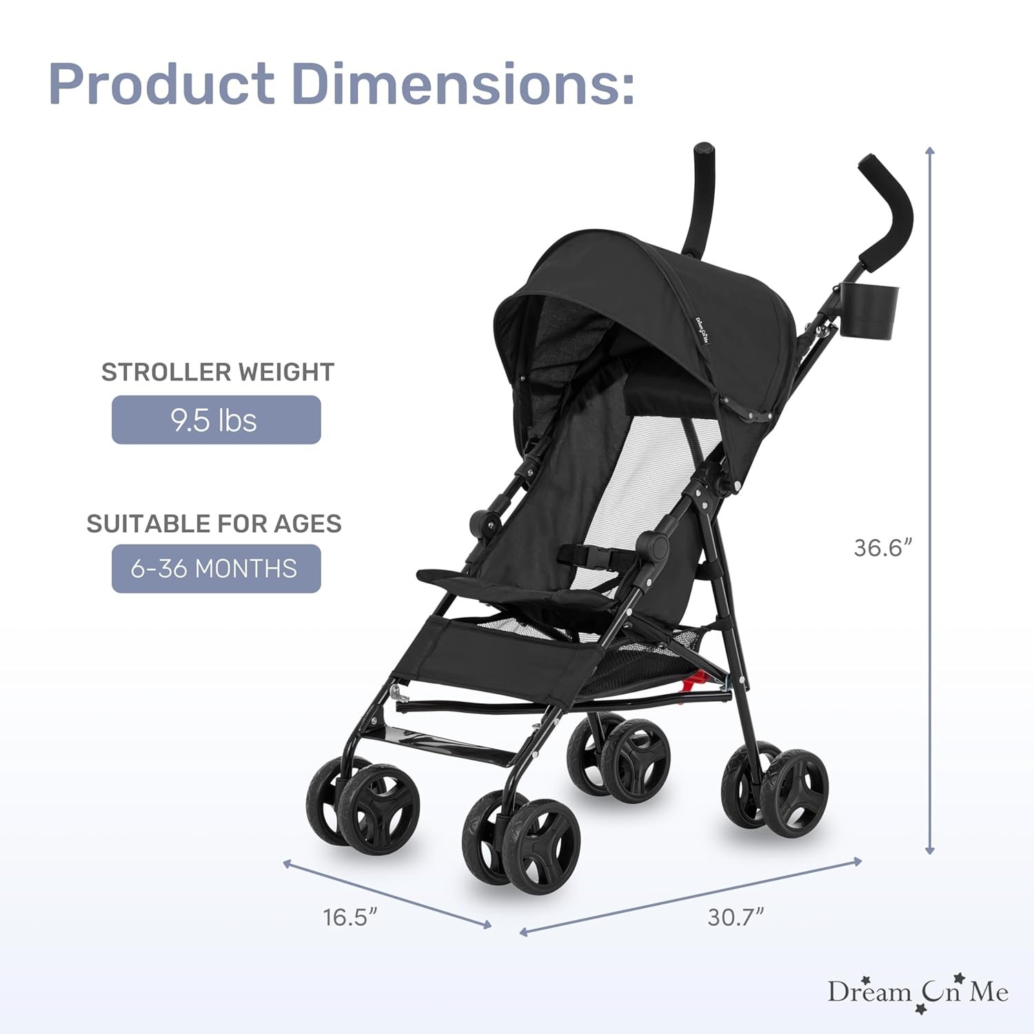 Dream On Me Rover Convenience Baby Stroller in Black, Lightweight & Compact Umbrella Stroller, Easy one-Hand fold Travel Stroller, Lockable Rear Wheels, Removable & Adjustable Canopy - Image 3