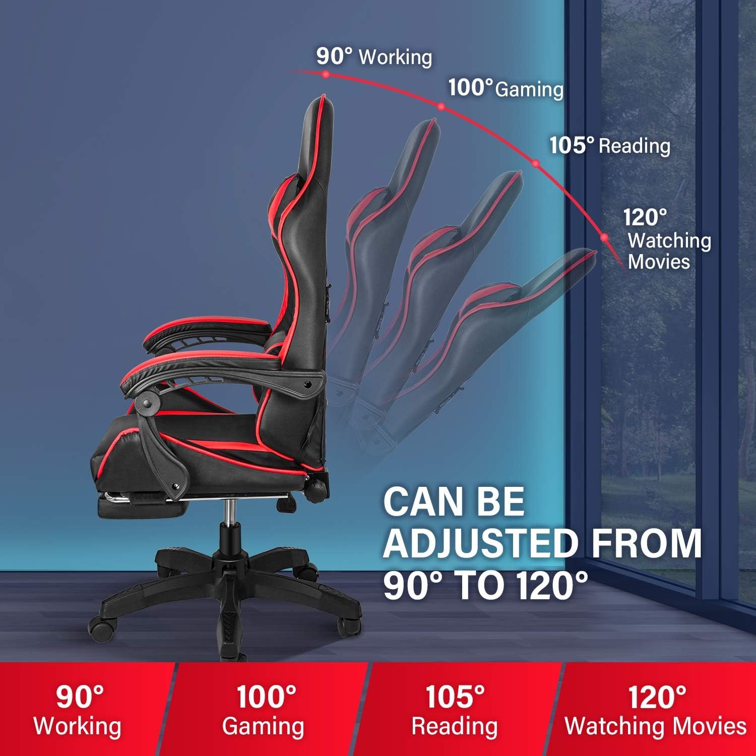 Gaming Chair, Backrest and Seat Height Adjustable Swivel Recliner Racing Office Computer Ergonomic Video Game Chair with Footrest and Lumbar Support, Red/Black - Image 6