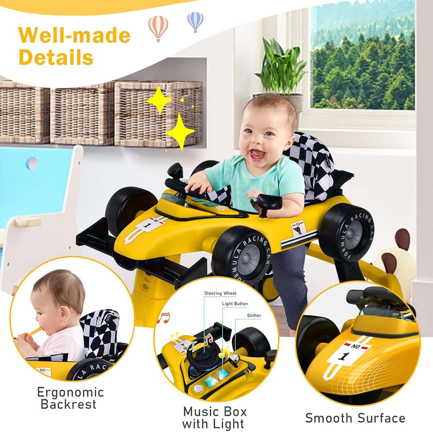 BABY JOY 4-in-1 Baby Walker, Foldable Activity Walker with Adjustable Height & Speed, Music, Lights, Anti-Rollover, Toddler Push Walker, Baby Walker with Wheels for Boys Girls 6-18 Months (Yellow) - Image 4