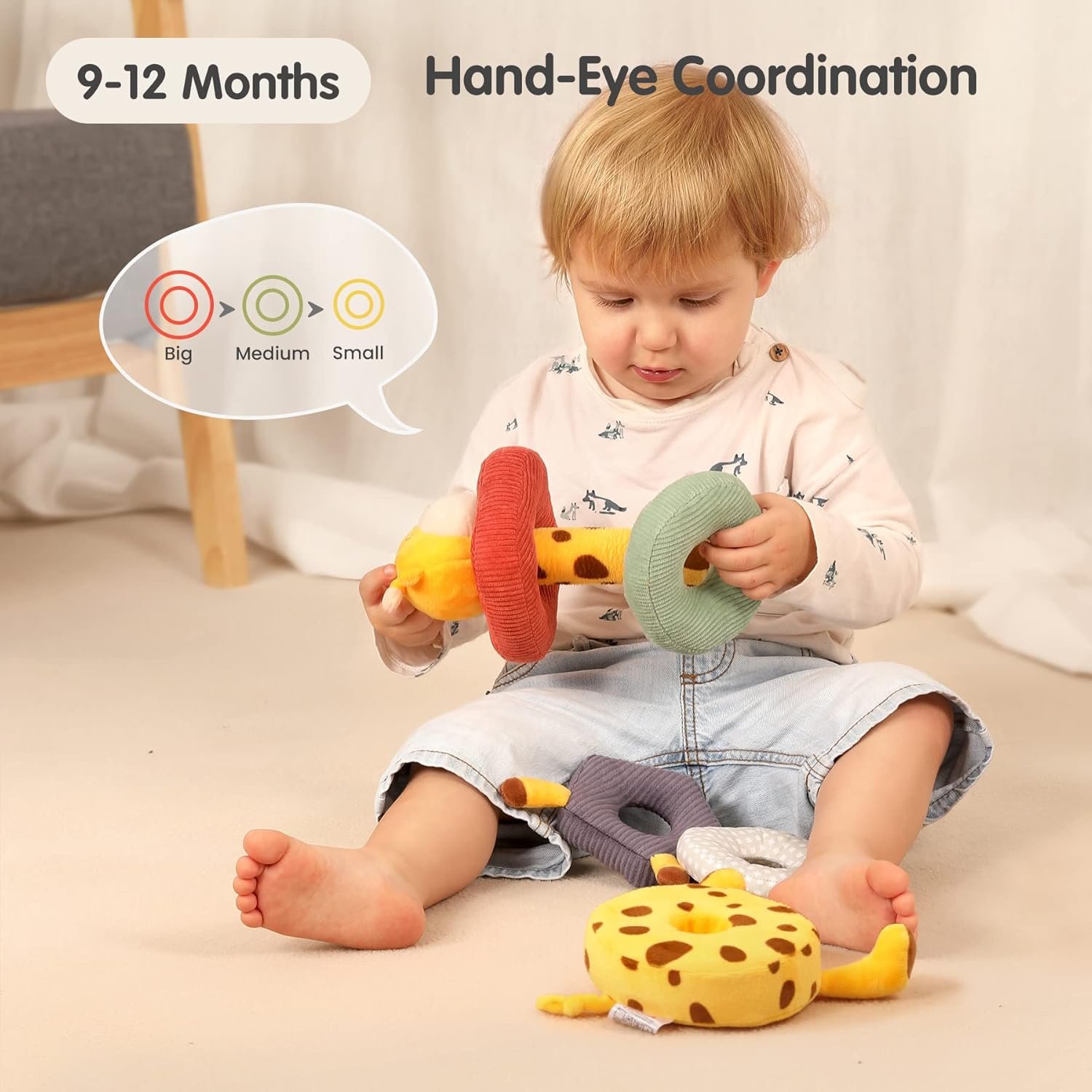 TUMAMA Plush Stacking Rattles Baby Toy Giraffe Stacks of Circles STEM Montessori Toy Baby Shower Deer Woodland Stuffed Animals Gift for 3 6 9 12 18 Months 1 Year Olds Infant Toddler Boy Girl - Image 5