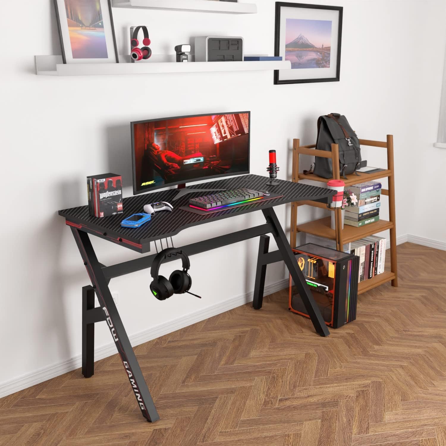 Gaming Desk Computer Desk 47 Inch Home Office Desk Extra Large Modern Ergonomic Black PC Carbon Fiber Table Gamer Workstation with Cup Holder Headphone Hook - Image 5