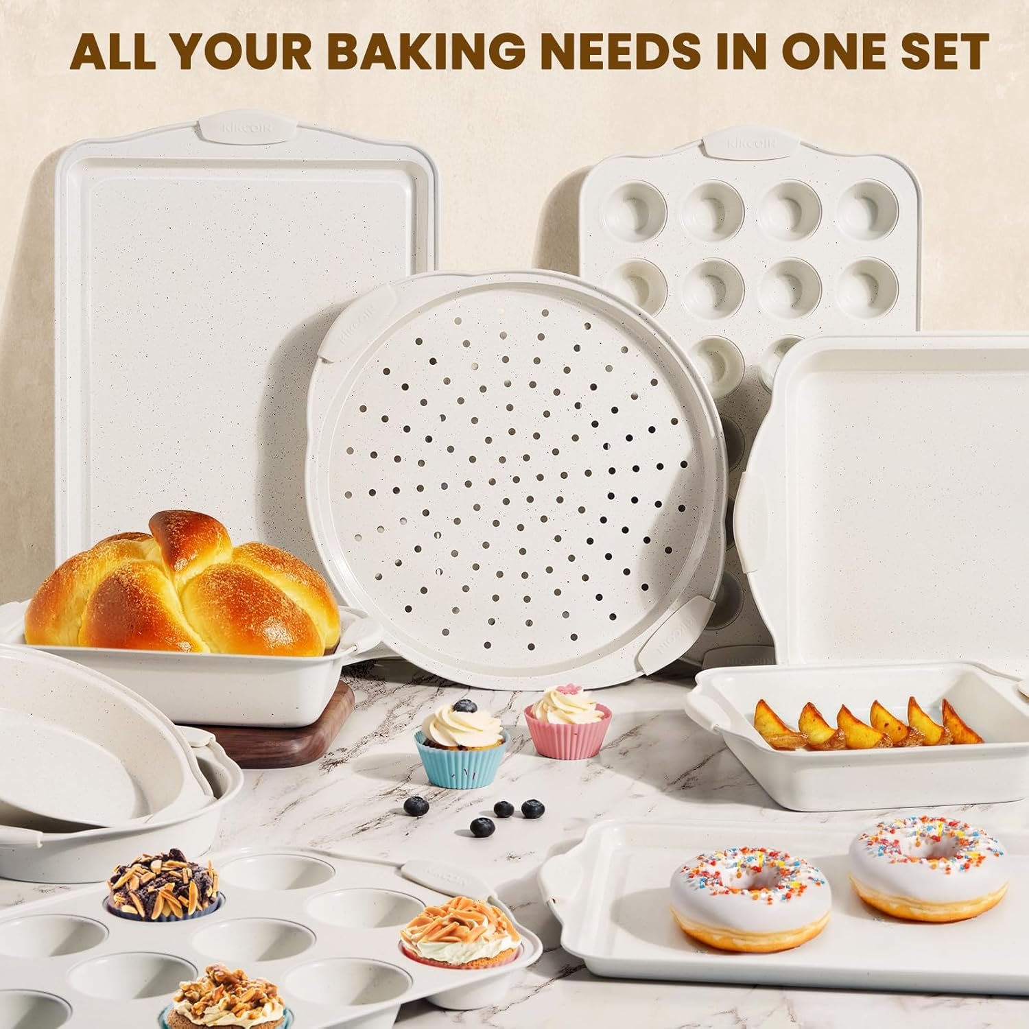 Kikcoin 22 PCS Nonstick Baking Pans Set, Stackable Bakeware Sets with Silicone Handles, 450°F Oven Safe Baking Sheet Set, Easy Release Cookie Sheets for Baking, Cream - Image 8