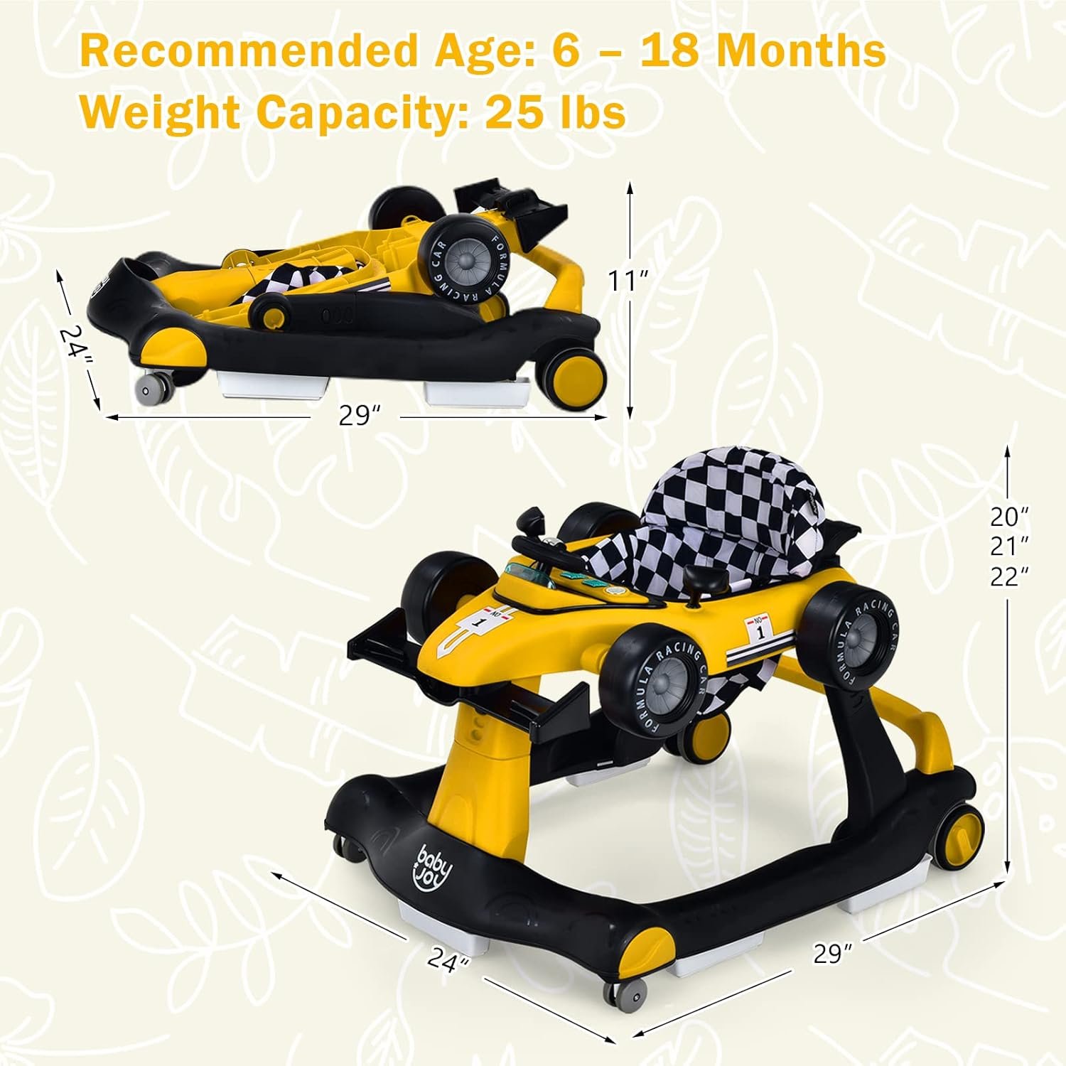 BABY JOY 4-in-1 Baby Walker, Foldable Activity Walker with Adjustable Height & Speed, Music, Lights, Anti-Rollover, Toddler Push Walker, Baby Walker with Wheels for Boys Girls 6-18 Months (Yellow) - Image 9