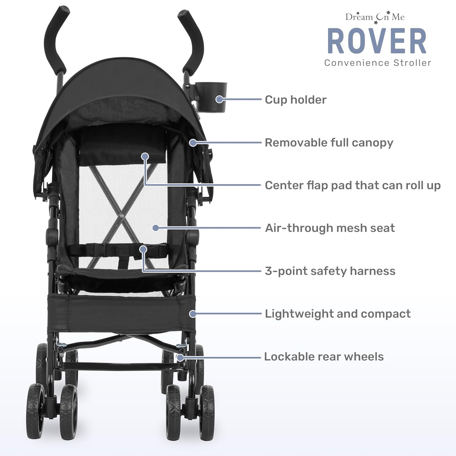 Dream On Me Rover Convenience Baby Stroller in Black, Lightweight & Compact Umbrella Stroller, Easy one-Hand fold Travel Stroller, Lockable Rear Wheels, Removable & Adjustable Canopy - Image 5