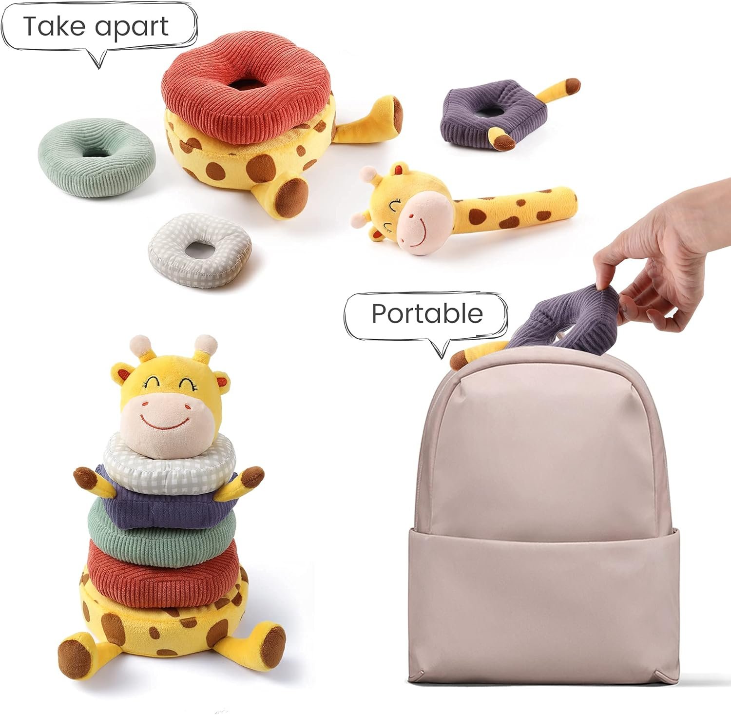 TUMAMA Plush Stacking Rattles Baby Toy Giraffe Stacks of Circles STEM Montessori Toy Baby Shower Deer Woodland Stuffed Animals Gift for 3 6 9 12 18 Months 1 Year Olds Infant Toddler Boy Girl - Image 7