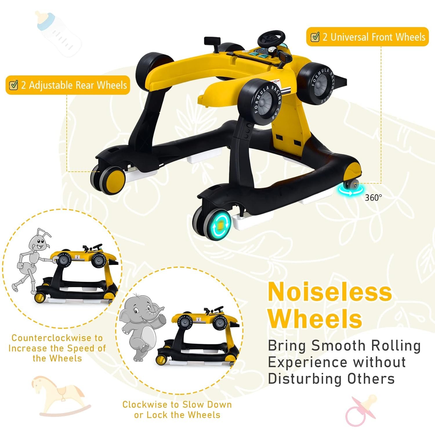 BABY JOY 4-in-1 Baby Walker, Foldable Activity Walker with Adjustable Height & Speed, Music, Lights, Anti-Rollover, Toddler Push Walker, Baby Walker with Wheels for Boys Girls 6-18 Months (Yellow) - Image 6