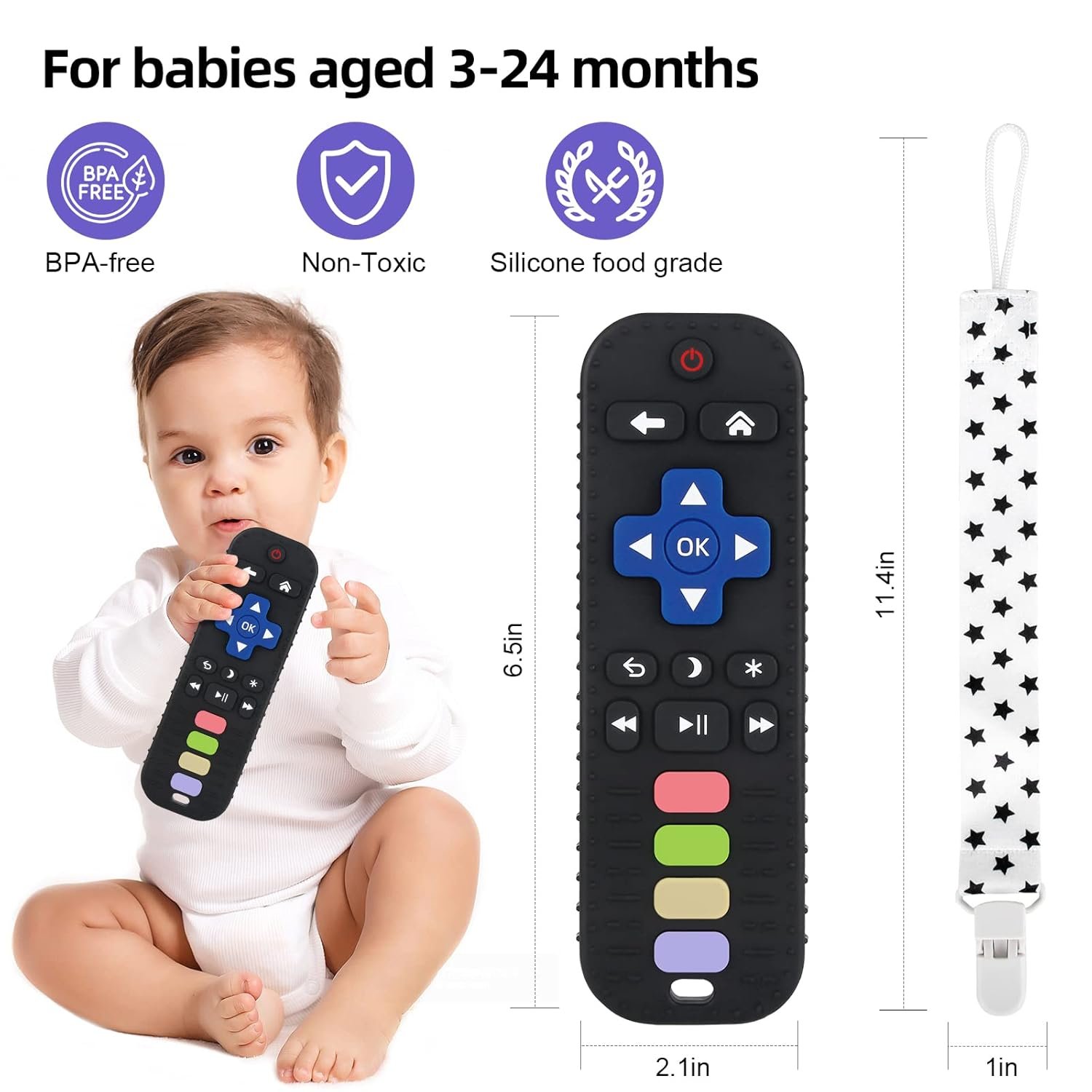 Chuya Baby Teether Toy Chew Toy for Babies 3-24 Months TV Remote Control Shape Teething Relief Baby Toys for Infants (Black) - Image 3
