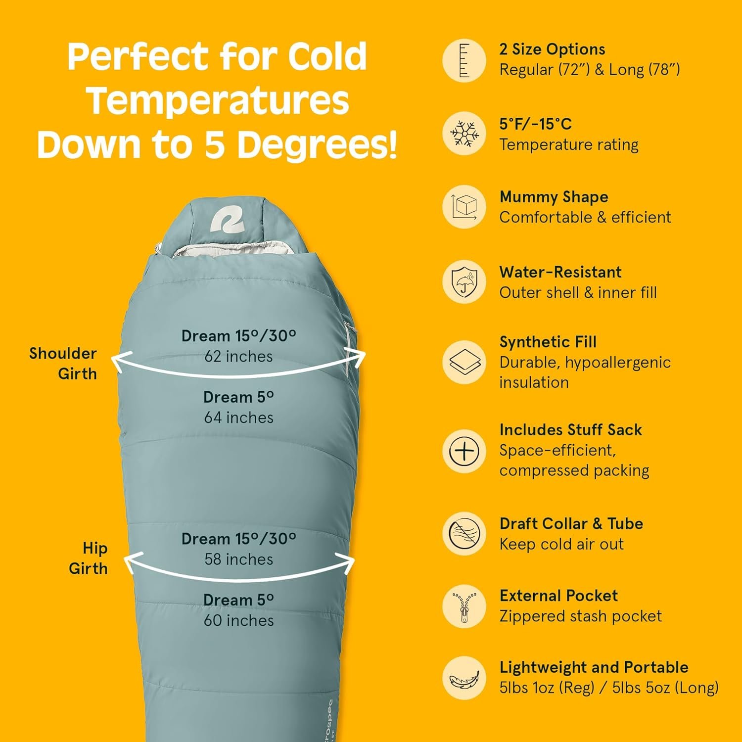 Retrospec Dream Sleeping Bag - 5, 15, 30 Mummy for Camping, Insulated Cold Weather, Lightweight Stuff Sack, Water-Resistant, Adjustable Draw Cords, Adult - Image 6