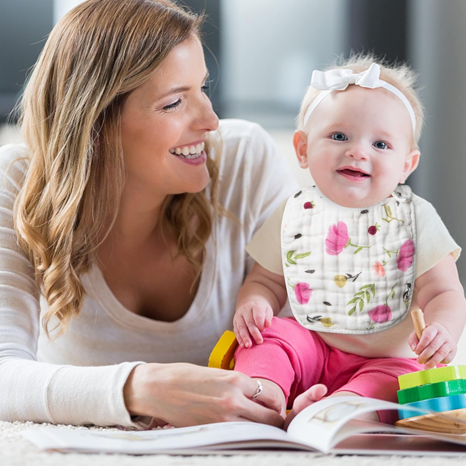 Zainpe 6Pcs Snap Muslin Cotton Bibs for Baby, Flamingo Star Flower Machine Washable Adjustable Burp Cloths with 6 Absorbent Soft Layers for Infant Newborn Toddler Drooling Feeding and Teething - Image 6