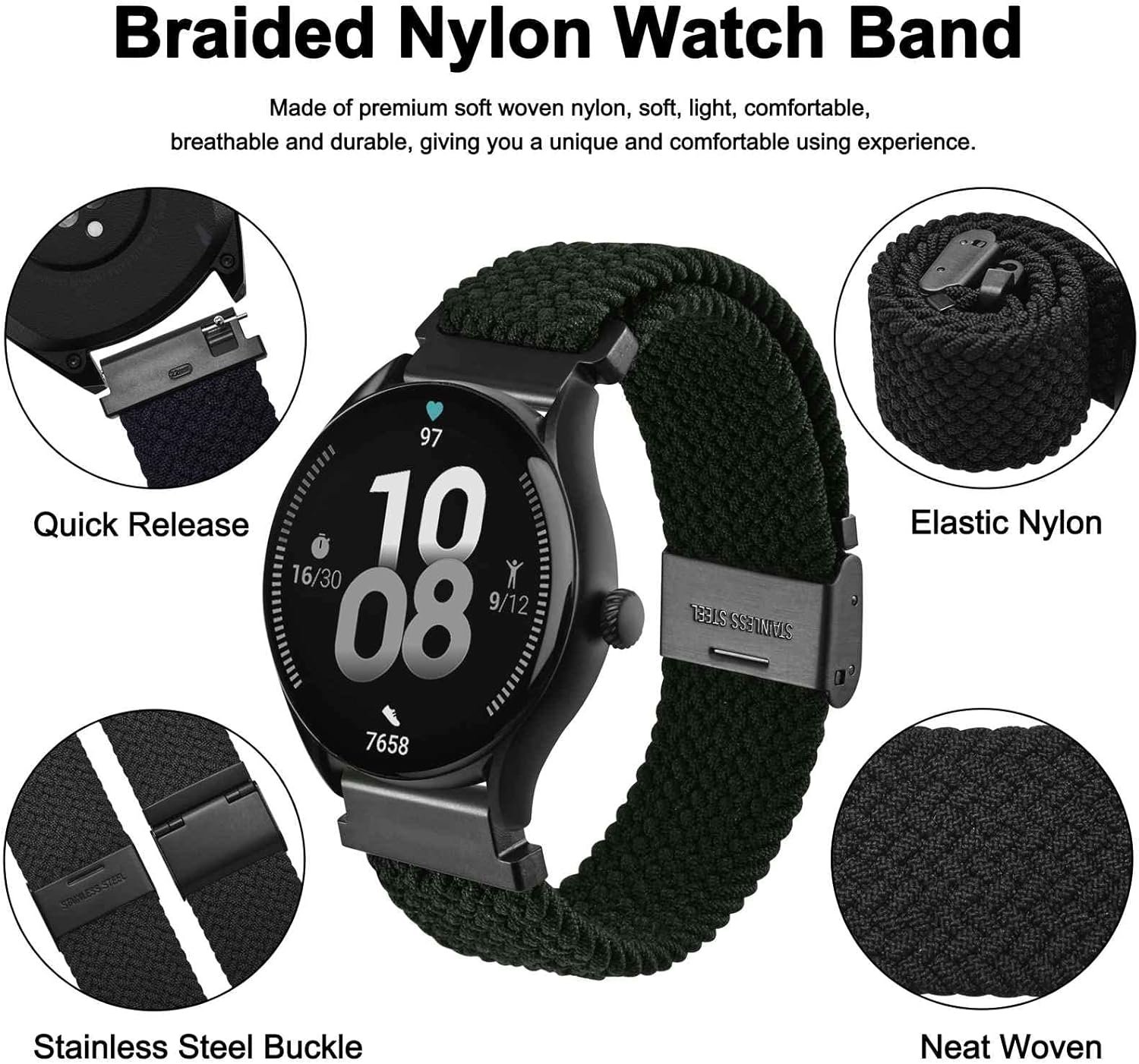WOCCI 22mm Braided Nylon Watch Band for Men and Women, Quick Release, Black Stainless Steel Buckle (Black) - Image 4