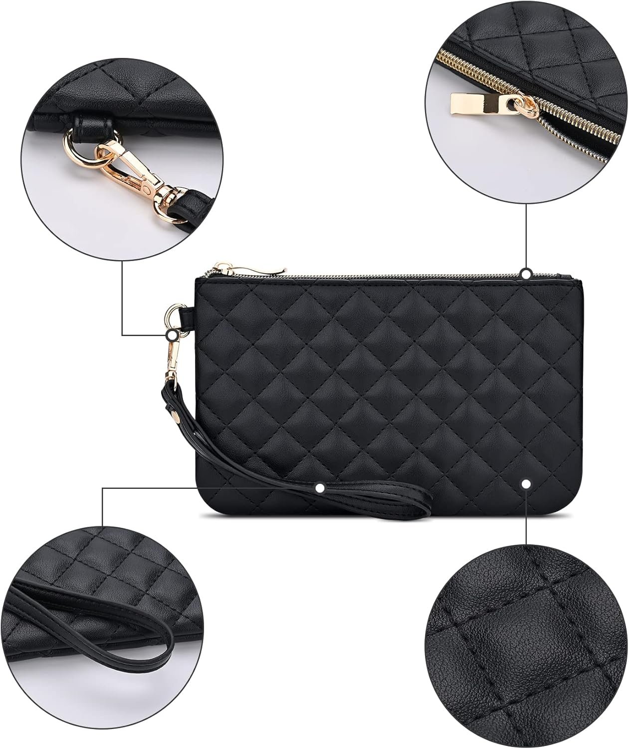 Quilted Wristlet Purse for Women, Vegan Leather Wristlet Pouch Zip Clutch Bag, Evening Clutch Purse with strap - Image 5