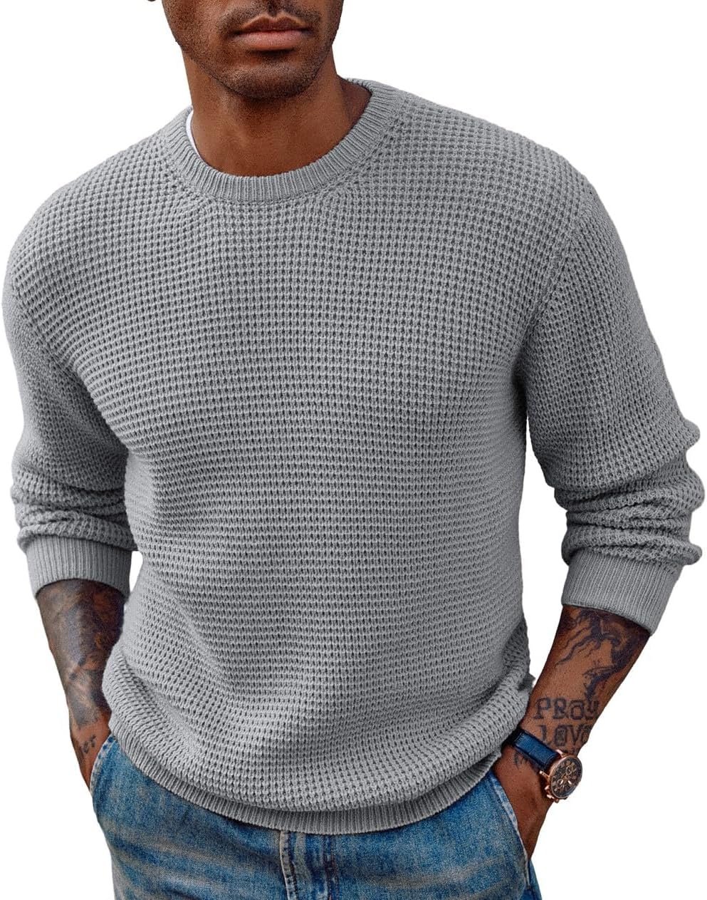 PJ PAUL JONES Mens Crewneck Pullover Sweater Waffle Textured Long Sleeve Knitted Sweaters - Image 2