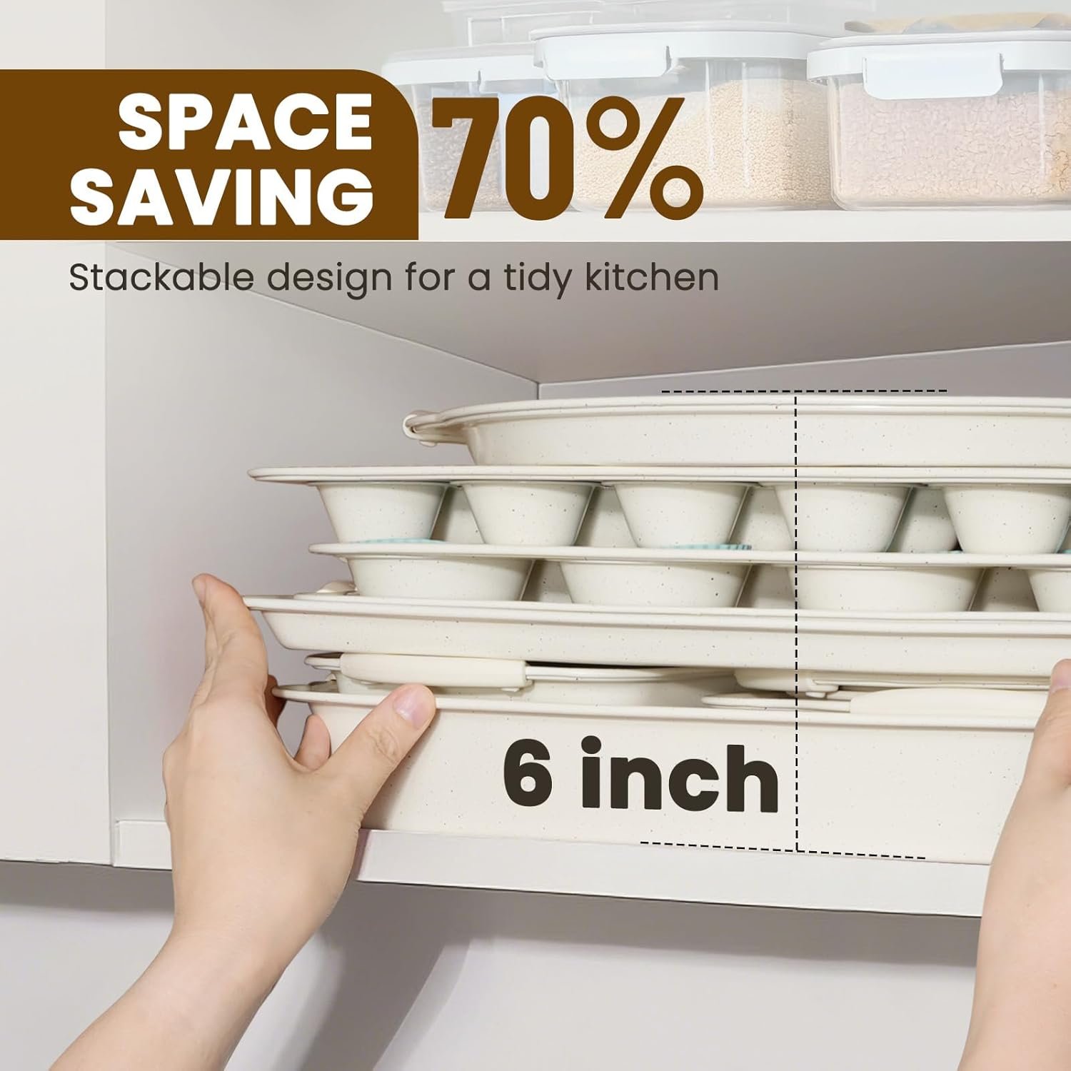 Kikcoin 22 PCS Nonstick Baking Pans Set, Stackable Bakeware Sets with Silicone Handles, 450°F Oven Safe Baking Sheet Set, Easy Release Cookie Sheets for Baking, Cream - Image 7