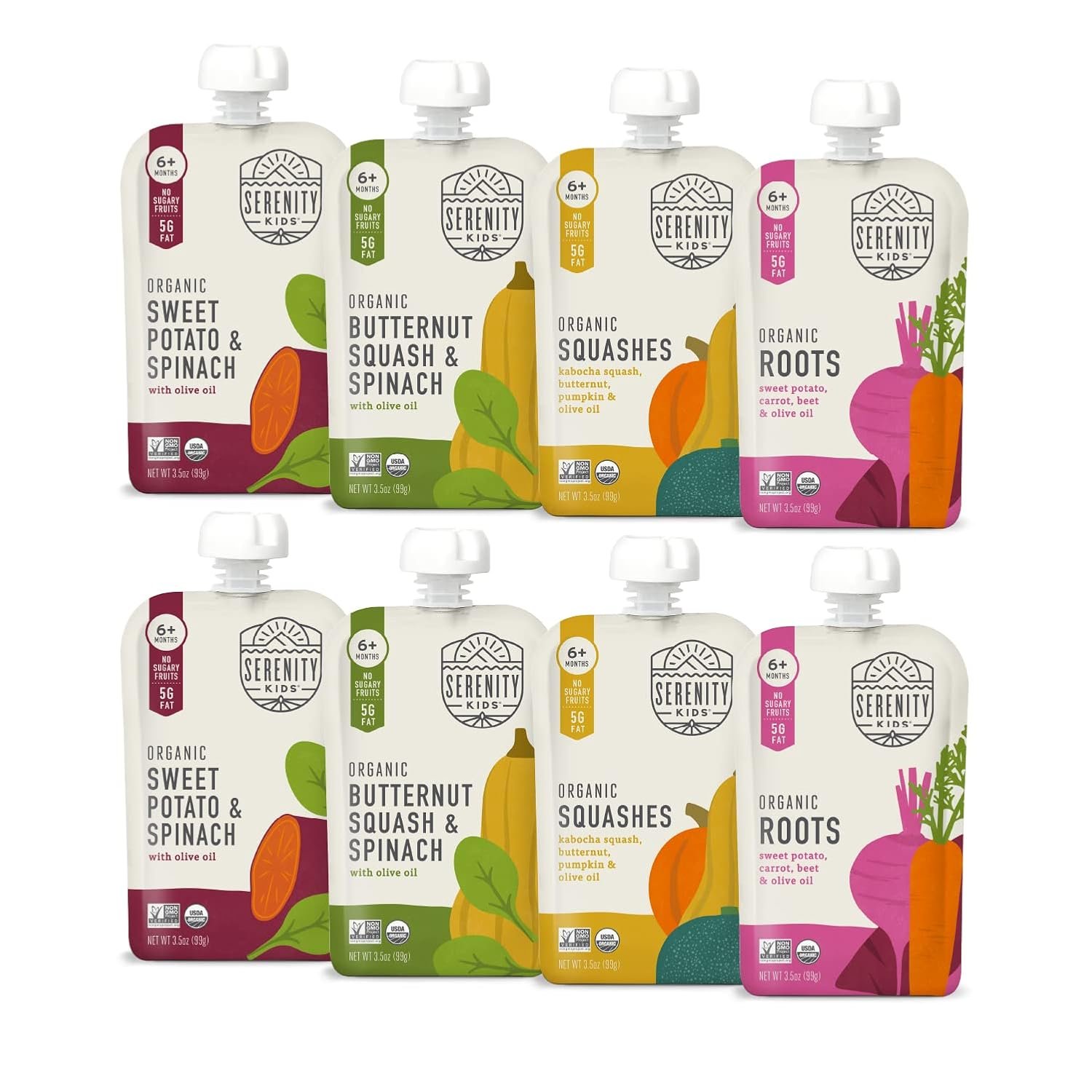 Serenity Kids 6+ Months Certified Organic Baby Food Pouches Veggie Puree - No Sugary Fruits/Added Sugar - Allergen Free - 3.5 Ounce BPA-Free Bag - Variety Pack - Baby Food Veggies Puree - 8 Count - Image 2