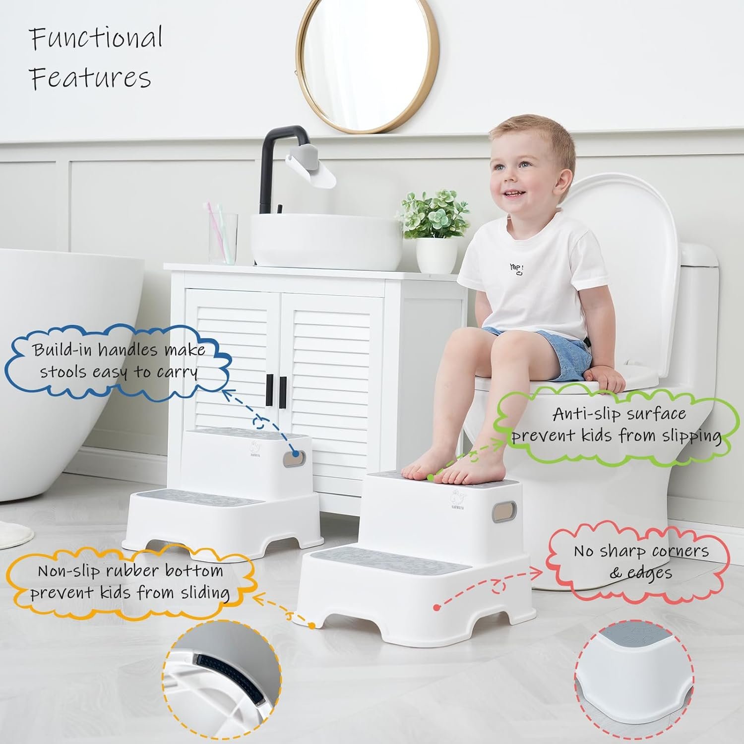 Toddler Step Stool for Bathroom Sink, 2-Pack Kids Toilet Potty Step Stools, Heavy Duty Baby Child Stepping Stool with Handle for Toddlers Kitchen Counter Bedroom Nursery Room (White) - Image 4